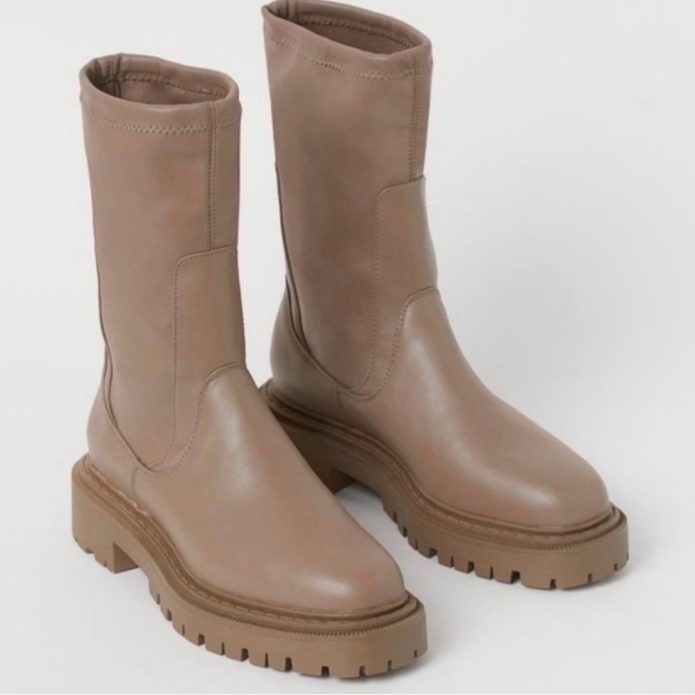 H&M Taupe Platform Mid-Calf Lug Boots